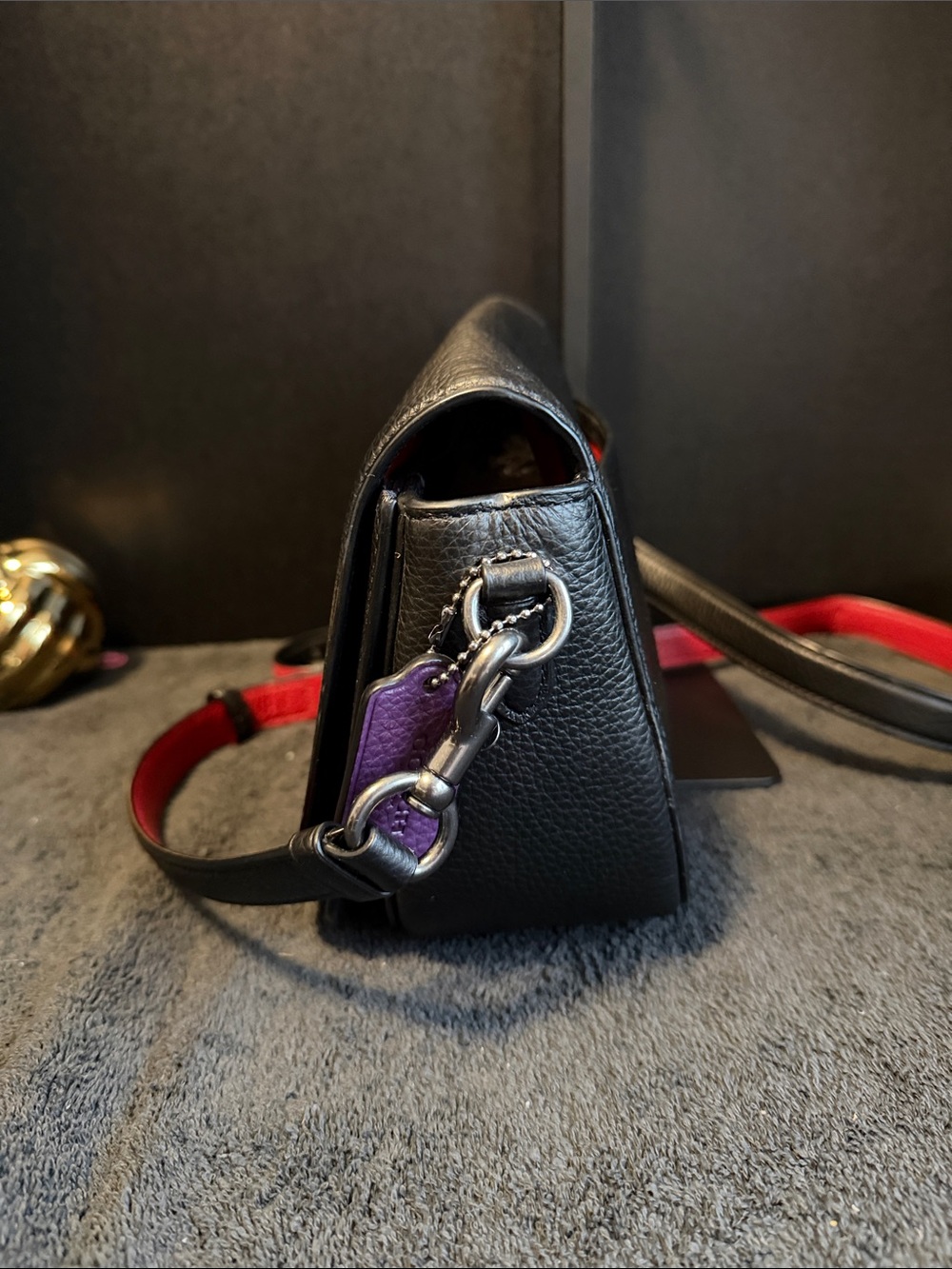 Coach Black Pebbled Leather Crossbody with Rainbow Coach Patch and Red Strap - Picture 5 of 11